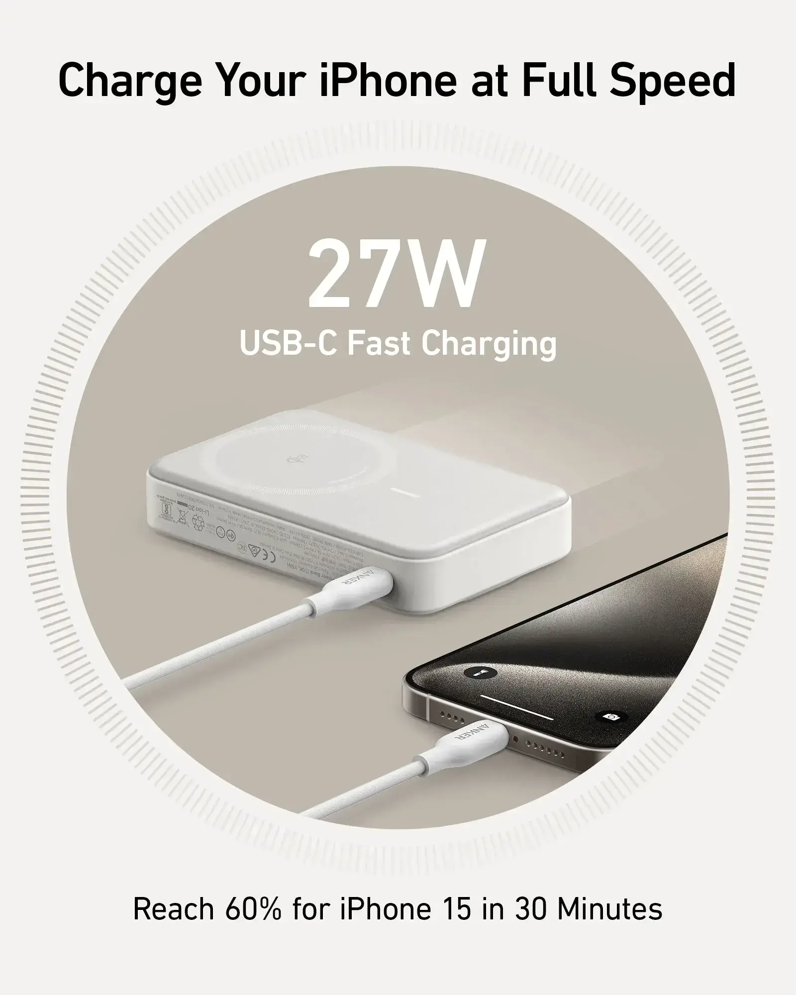 Портативний зарядний пристрій [Power Bank] з MagSafe, екраном та підставкою Anker MagGo Power Bank 10K - White (A1654021)