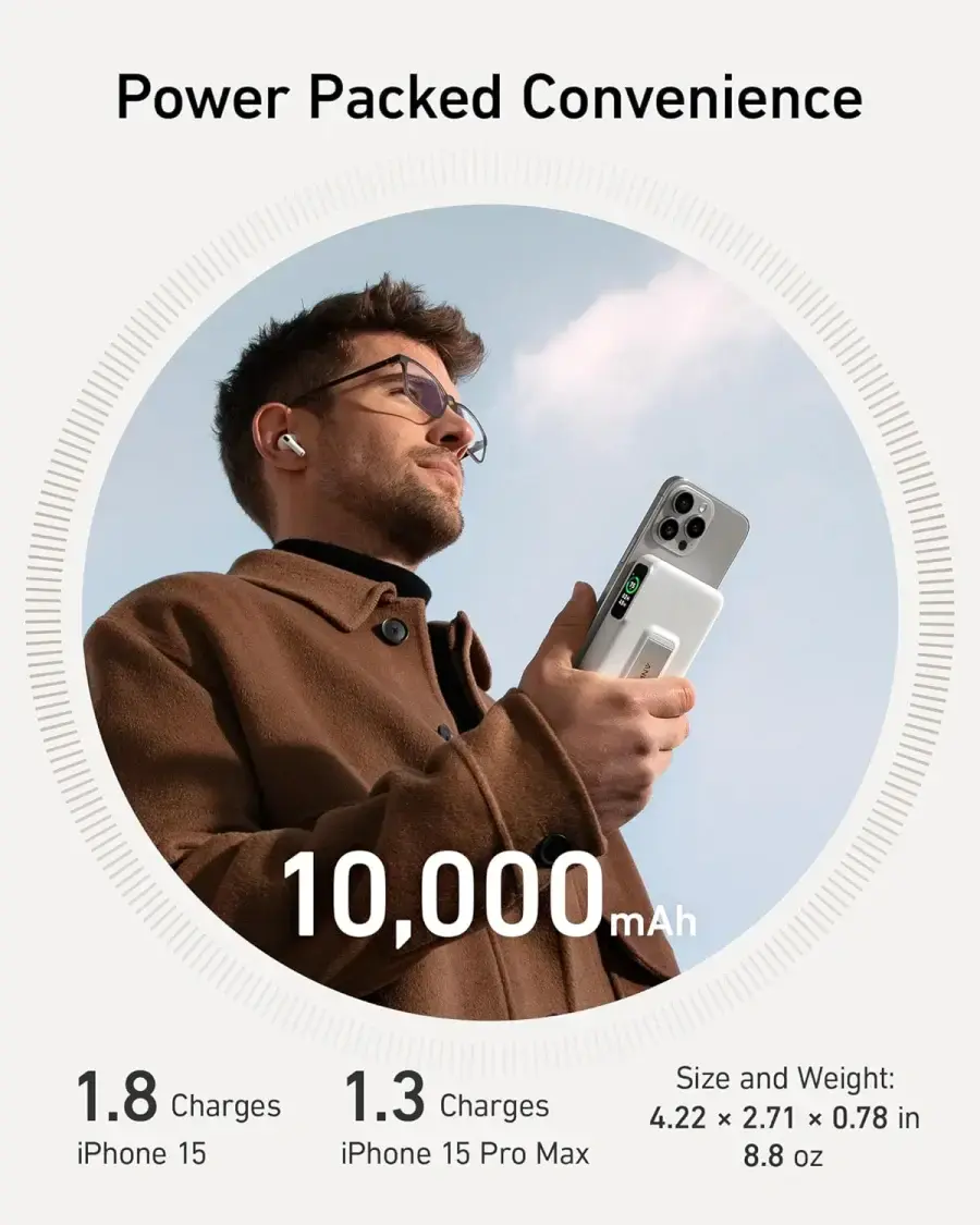 Магнитный павербанк с экраном и подставкой Anker MagGo Power Bank 10K 15W Qi2 - White (A1654021, A1654P21)