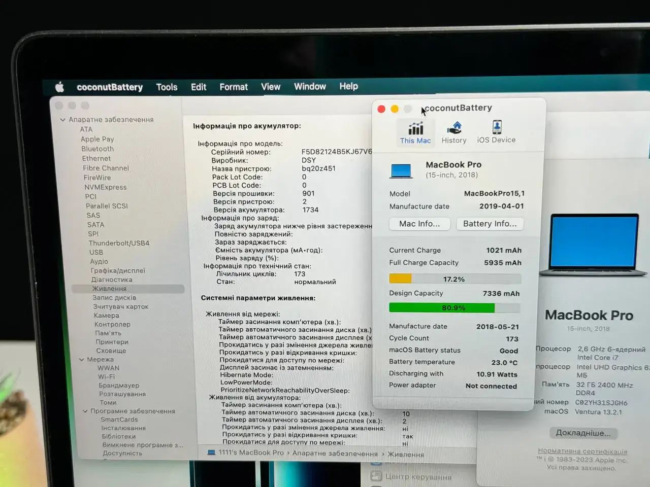 ВЖИВАНИЙ MacBook Pro 15" Space Gray (Z0V0001AU) 2018 i7/32GB/512 SSD - цикли 173