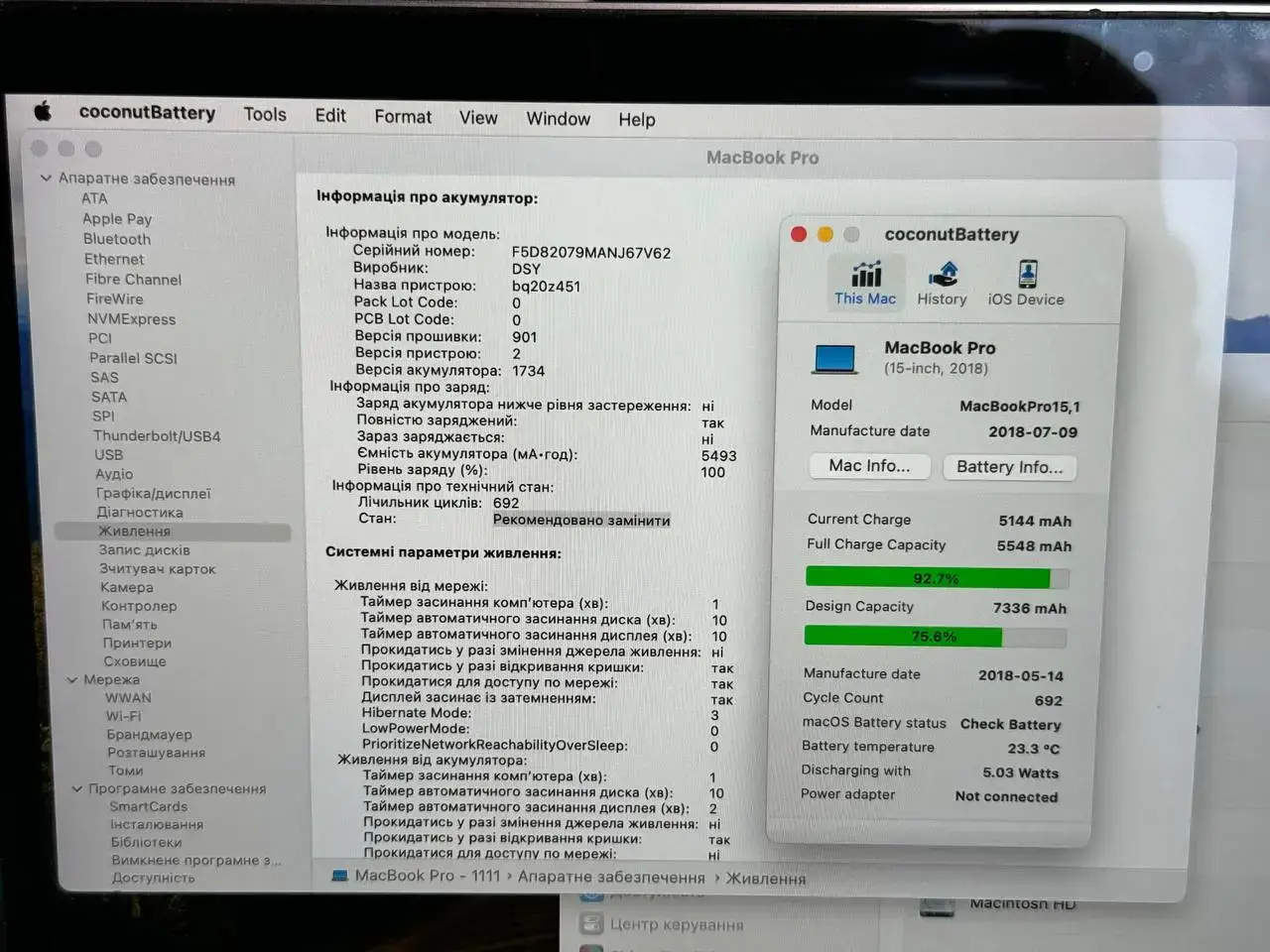 Б.У. MacBook Pro 15" Space Gray (Z0V10004D) 2018 i7/16GB/1TB - циклы 692