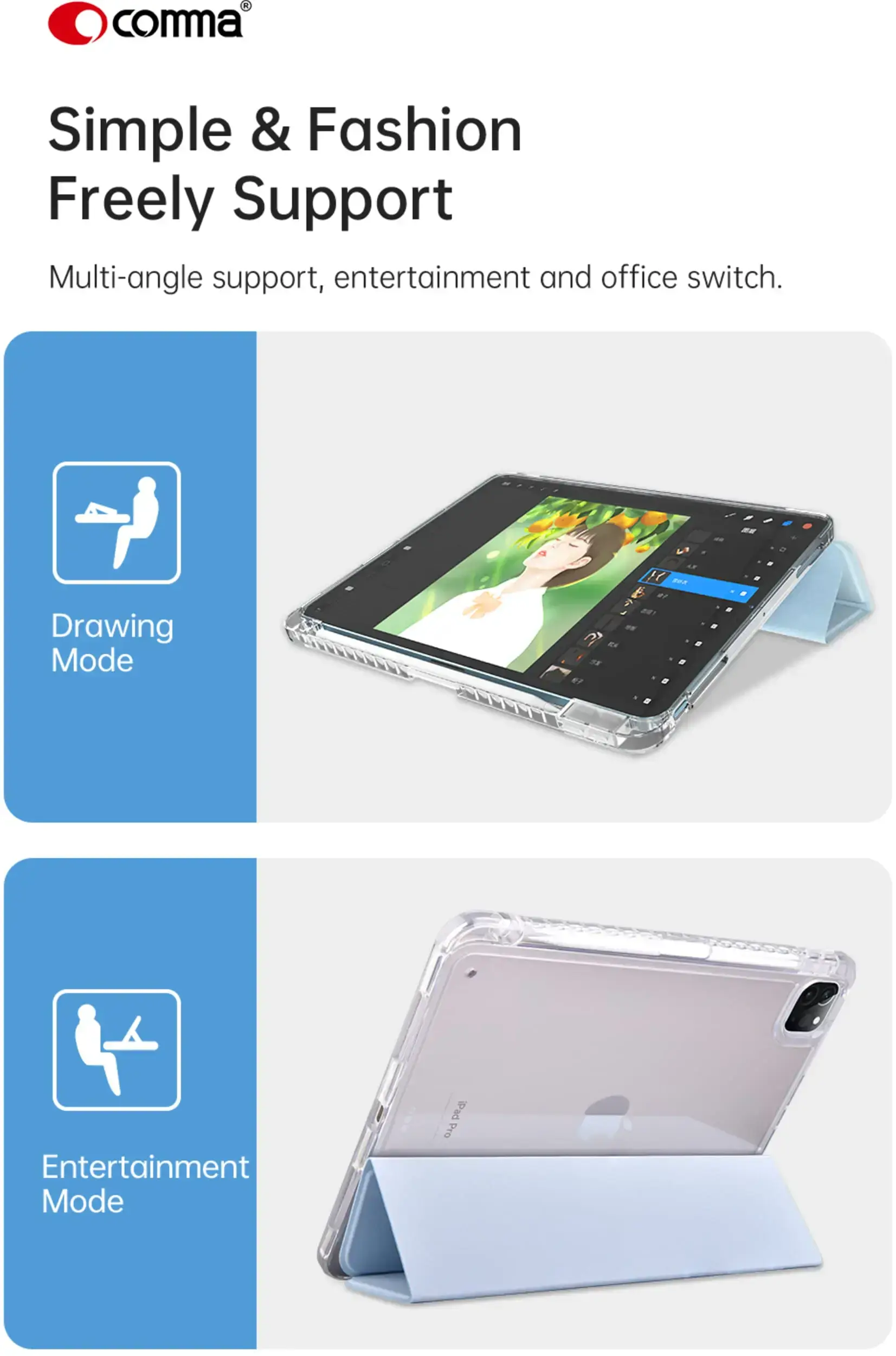 Чехол-книжка Comma Joy Series for iPad Pro 11-inch (2022/2021/2020/2018) / iPad Air (2024 / 2022 / 2020) - Light Blue (01169)