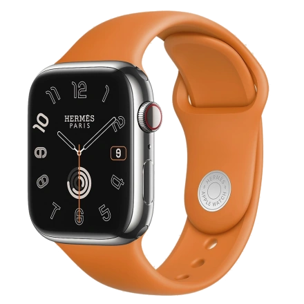 Apple Watch Hermès Series 9 GPS + Cellular 45mm Silver Stainless Steel Case with Hermès Orange Sport Band (MRQP3)