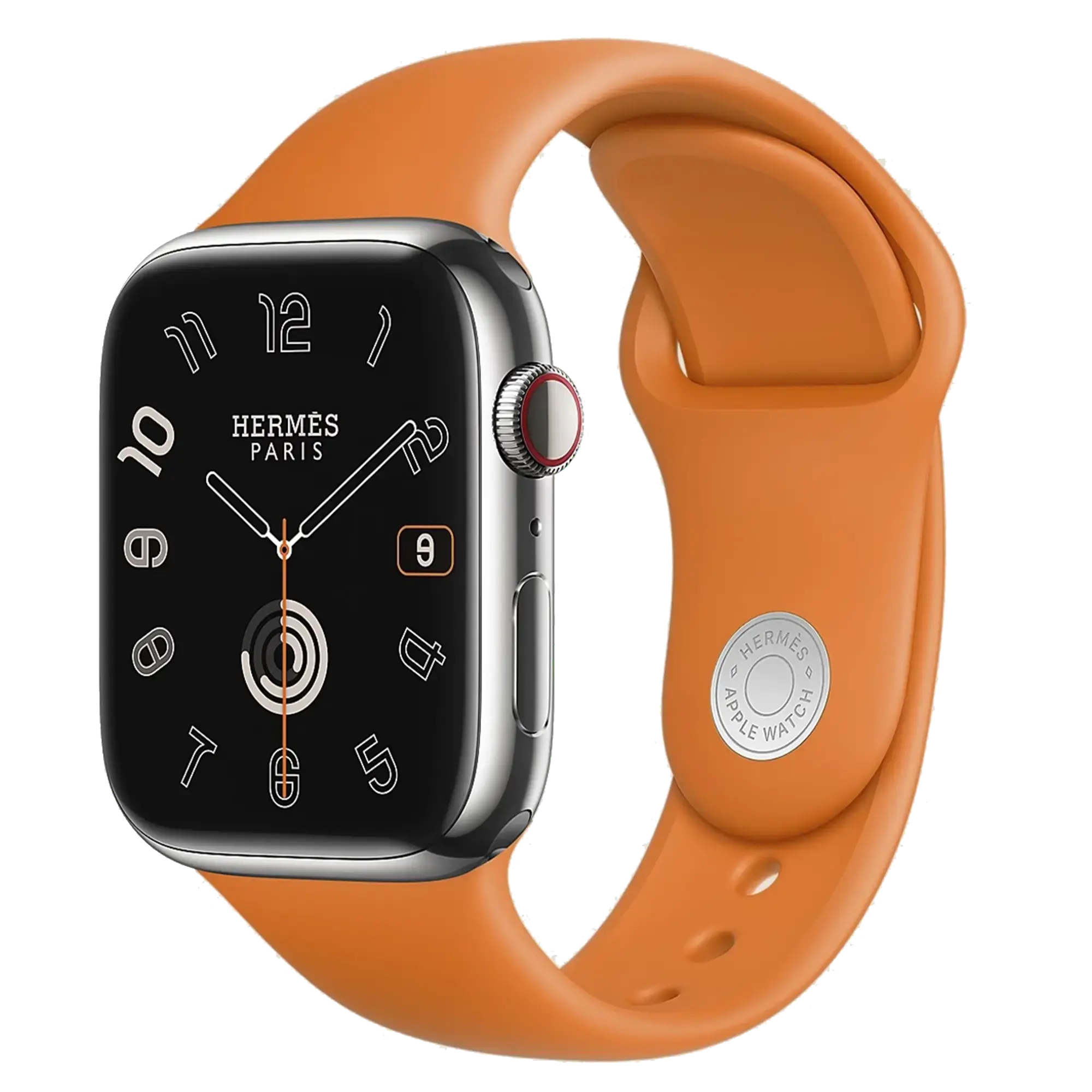 Apple Watch Hermès Series 9 GPS + Cellular 45mm Silver Stainless Steel Case with Hermès Orange Sport Band (MRQP3)