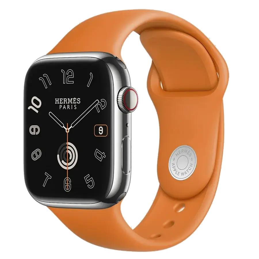 Apple Watch Hermès Series 9 GPS + Cellular 45mm Silver Stainless Steel Case with Hermès Orange Sport Band (MRQP3)