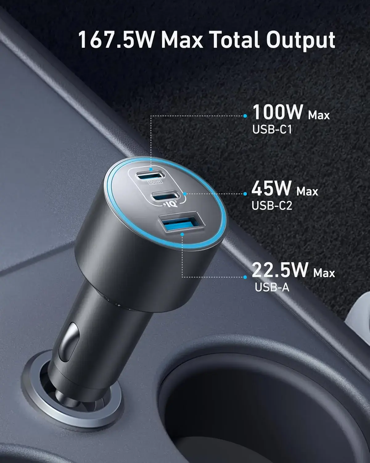 Автомобильное зарядное устройство Anker USB-C Fast Car 3-Port Charger 167.5W с USB-C Cable (B27370A1)