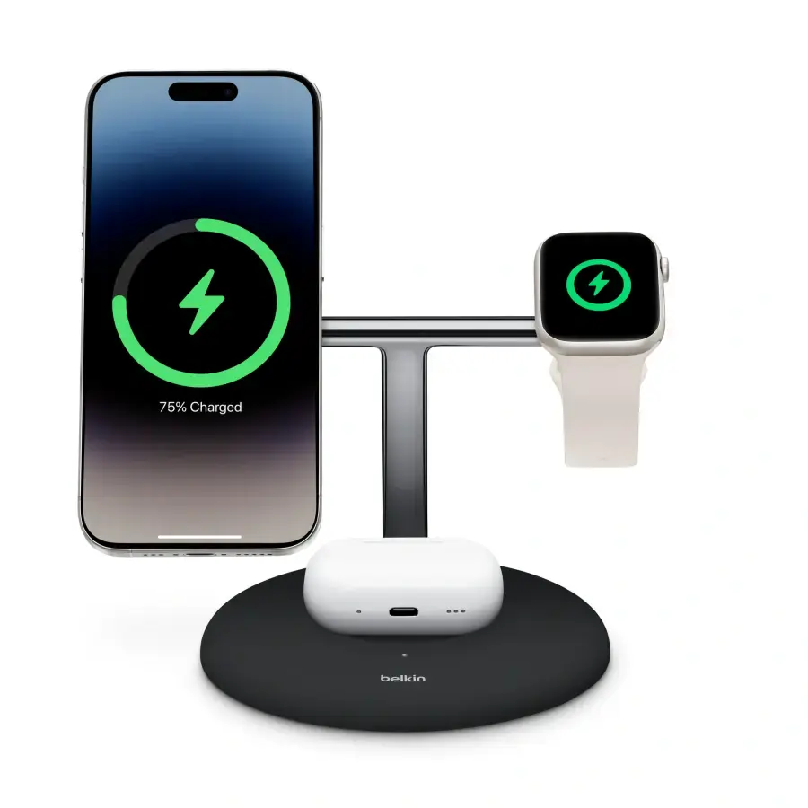 Бездротовий зарядний пристрій Belkin BoostCharge Pro 3-in-1 Magnetic Charging Stand with Qi2 15W - Black (WIZ023ttBK) EU Plug