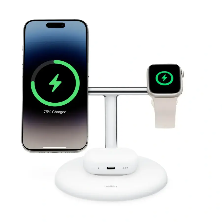 Бездротовий зарядний пристрій Belkin BoostCharge Pro 3-in-1 Magnetic Charging Stand with Qi2 15W - White (WIZ023ttWH) EU Plug