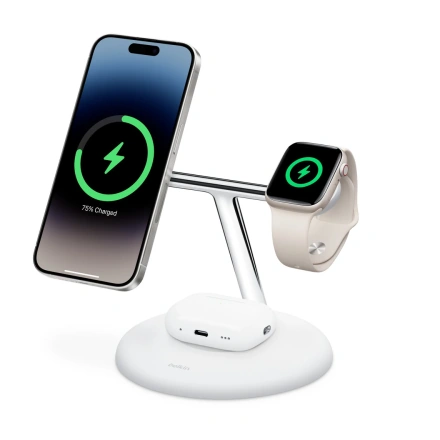 Беспроводное зарядное устройство Belkin BoostCharge Pro 3-in-1 Magnetic Charging Stand with Qi2 15W - White (WIZ023ttWH) EU Plug