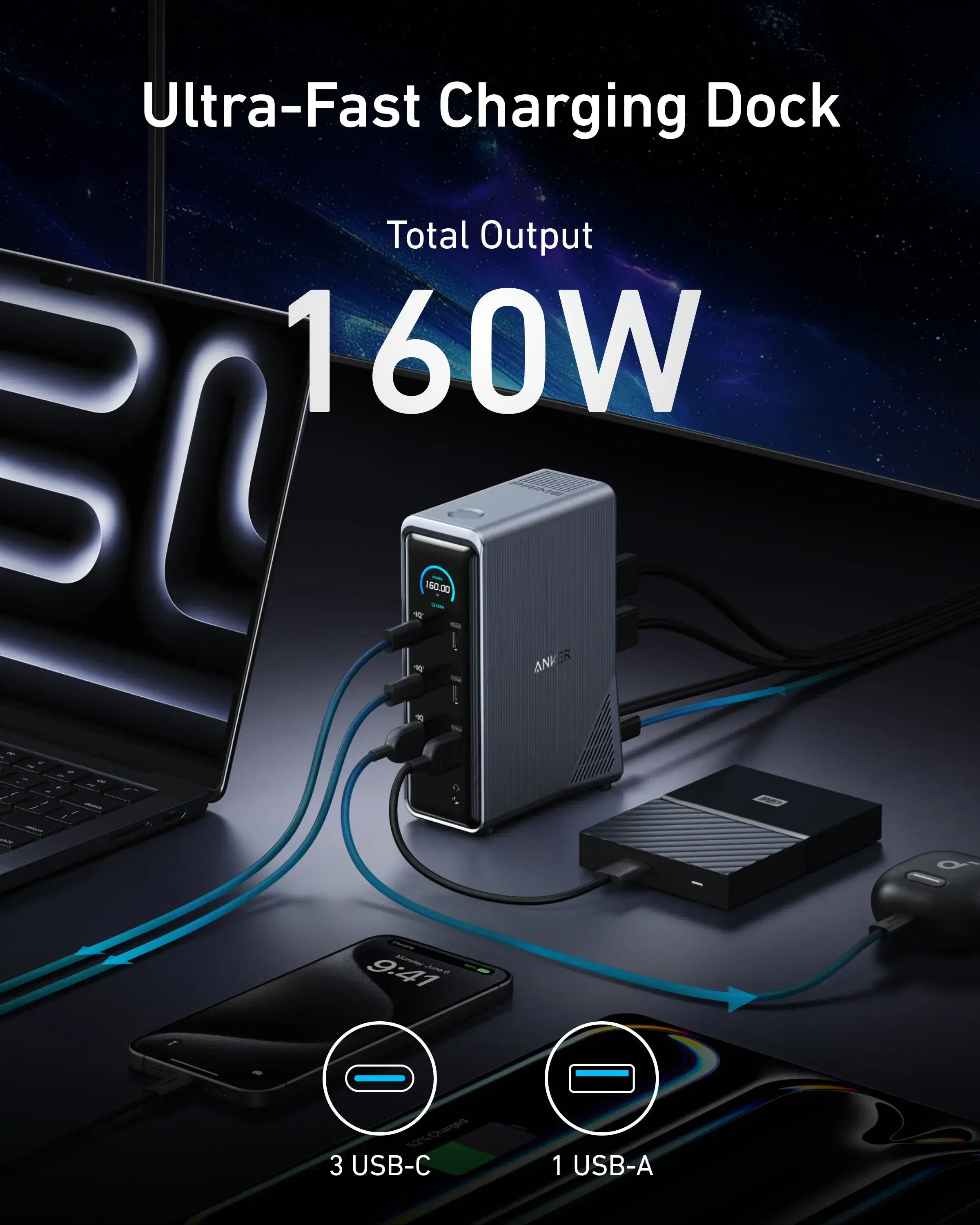 Зарядна док-станція Anker Prime Charging Docking Station [14-in-1, Dual Display, 160W] (A83B61A1)