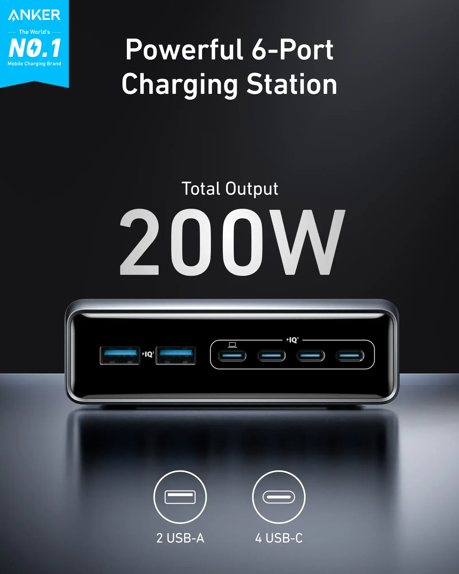 Зарядний пристрій Anker Prime Charger [200W, 6 Ports, GaN] (A2683141)