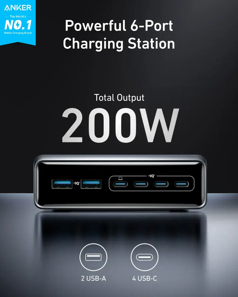 Зарядний пристрій Anker Prime Charger [200W, 6 Ports, GaN] (A2683341, A2683141)