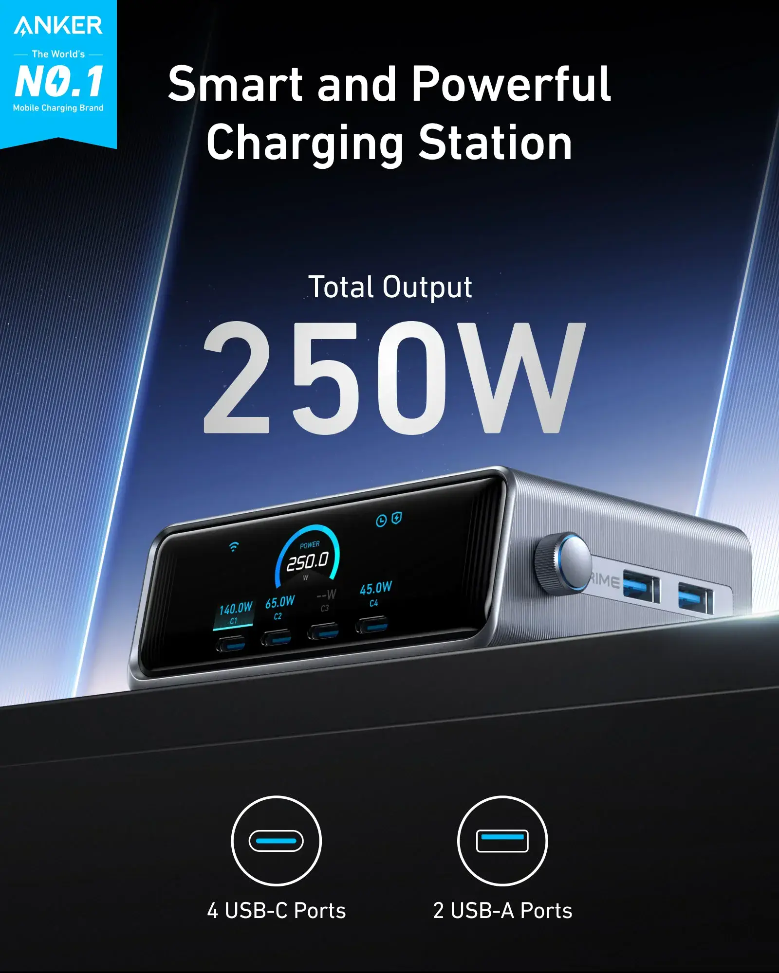 Зарядний пристрій Anker Prime Charger [250W, 6 Ports, GaNPrime] (A2345141)