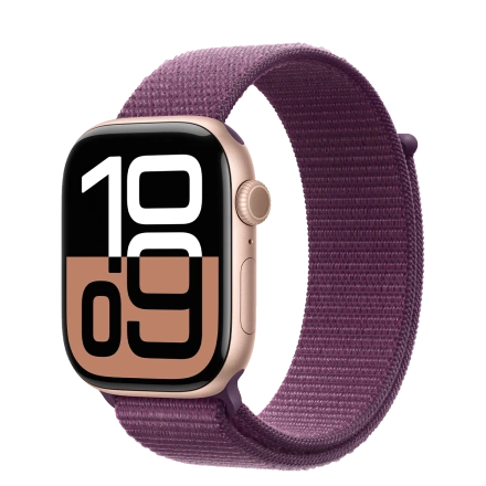 Apple Watch Series 10 GPS + Cellular 46mm Rose Gold Aluminum Case with Plum Sport Loop (MWY83)