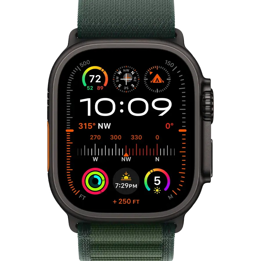 Apple Watch Ultra 2 2024 GPS + Cellular 49mm Black Titanium Case with Dark Green Alpine Loop - Small (MX4Q3)