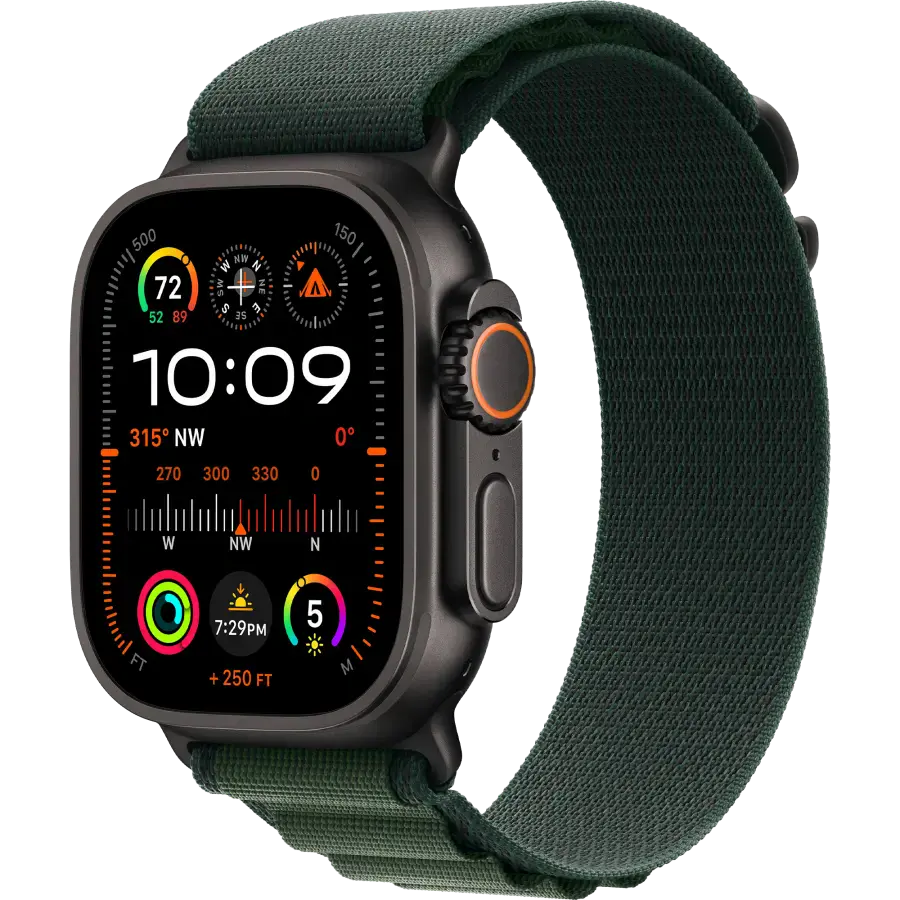Apple Watch Ultra 2 2024 GPS + Cellular 49mm Black Titanium Case with Dark Green Alpine Loop - Small (MX4Q3)