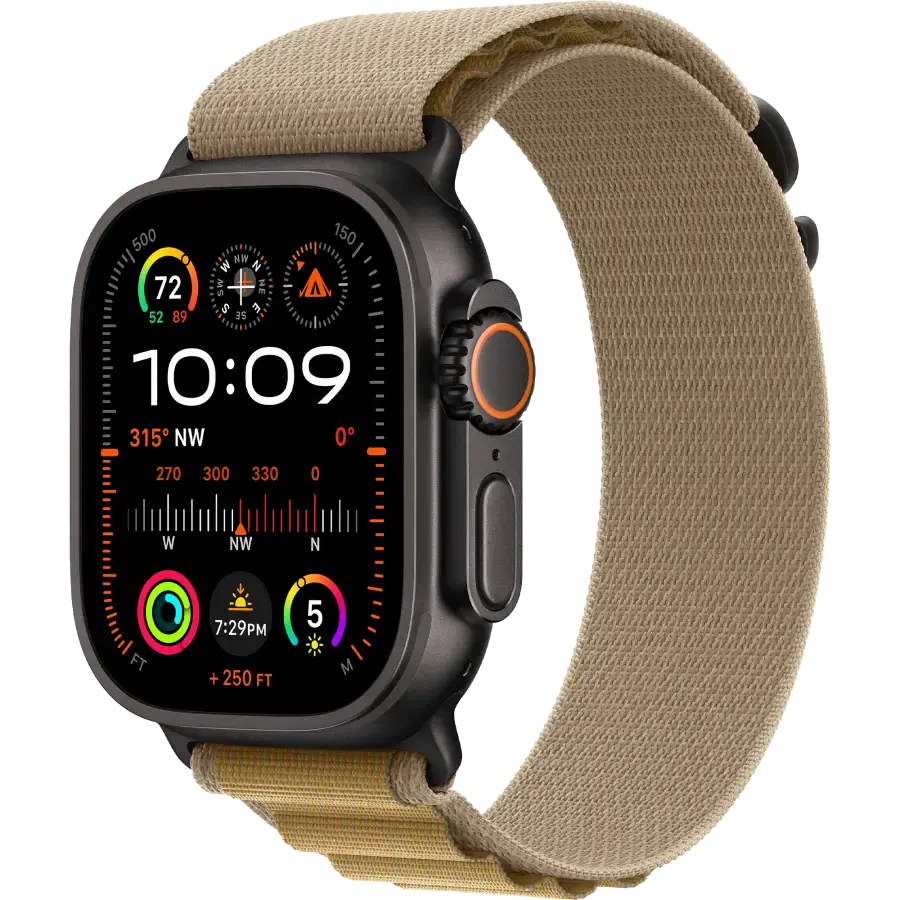 Apple Watch Ultra 2 2024 GPS + Cellular 49mm Black Titanium Case with Tan Alpine Loop - Large (MYTF3+MYQ23)