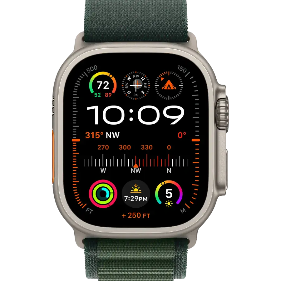 Apple Watch Ultra 2 2024 GPS + Cellular 49mm Natural Titanium Case with Dark Green Alpine Loop - Medium (MYT33+MXMV3)