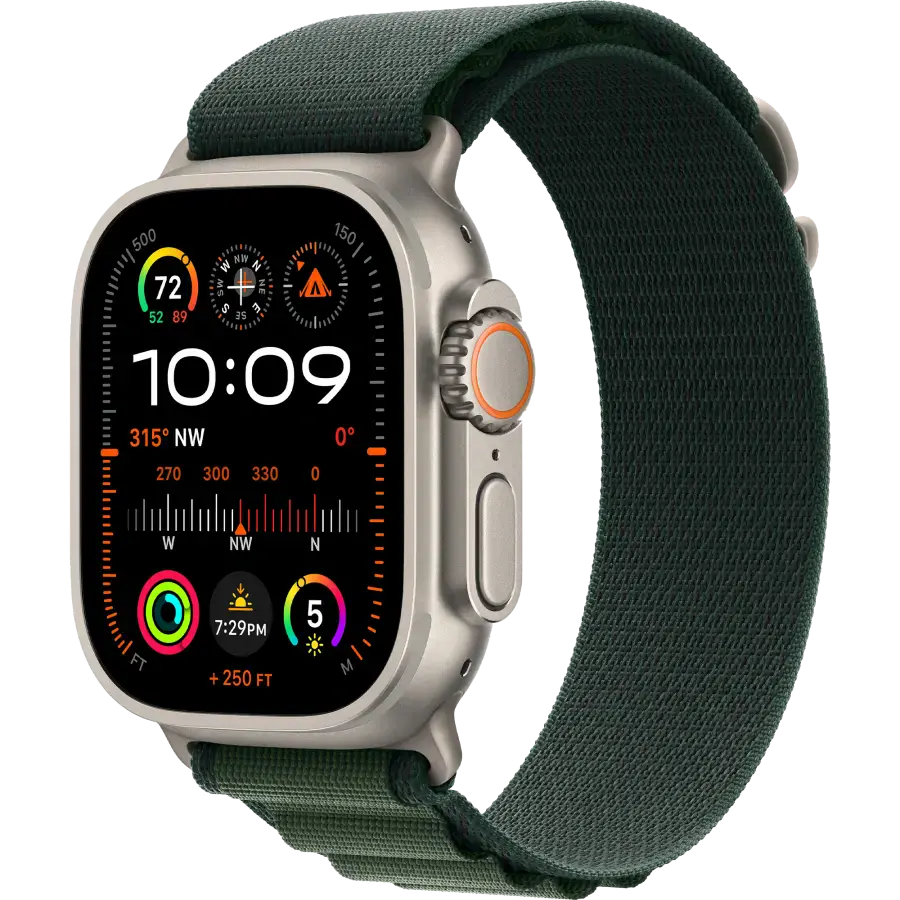 Apple Watch Ultra 2 2024 GPS + Cellular 49mm Natural Titanium Case with Dark Green Alpine Loop - Medium (MYT33+MXMV3)