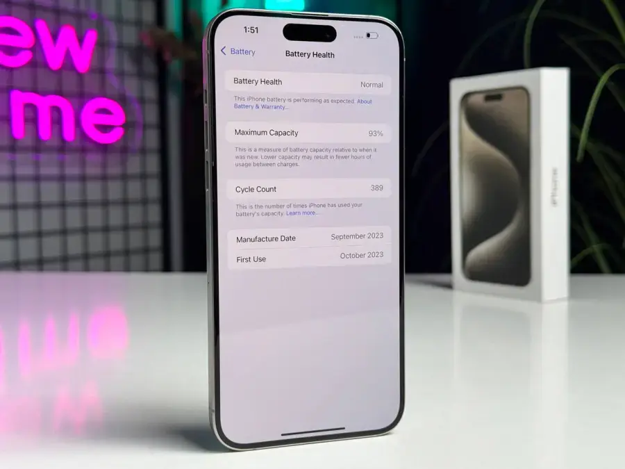 ВЖИВАНИЙ Apple iPhone 15 Pro Max 1TB Natural Titanium Dual Sim (MU603) - Стан: гарний | Акумулятор: 93% | Комплектація: коробка | Гарантія: 1 міс.
