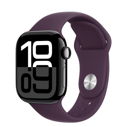 Apple Watch Series 10 GPS + Cellular 42mm Jet Black Aluminum Case with Plum Sport Band - S/M (MWWX3+MXLC3)