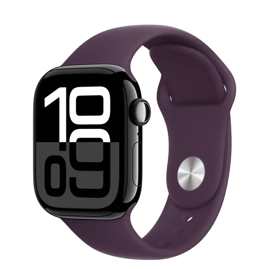 Apple Watch Series 10 GPS + Cellular 42mm Jet Black Aluminum Case with Plum Sport Band - S/M (MWWX3+MXLC3)