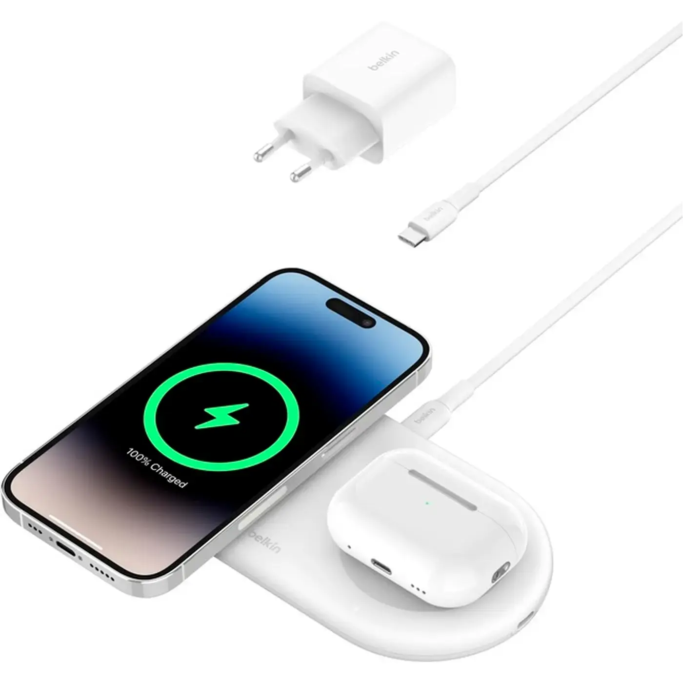 Беспроводная зарядная панель Belkin BoostCharge Pro 2-in-1 Magnetic Wireless Charging Pad with Qi2 15W - White (WIZ021vfWH) EU Plug