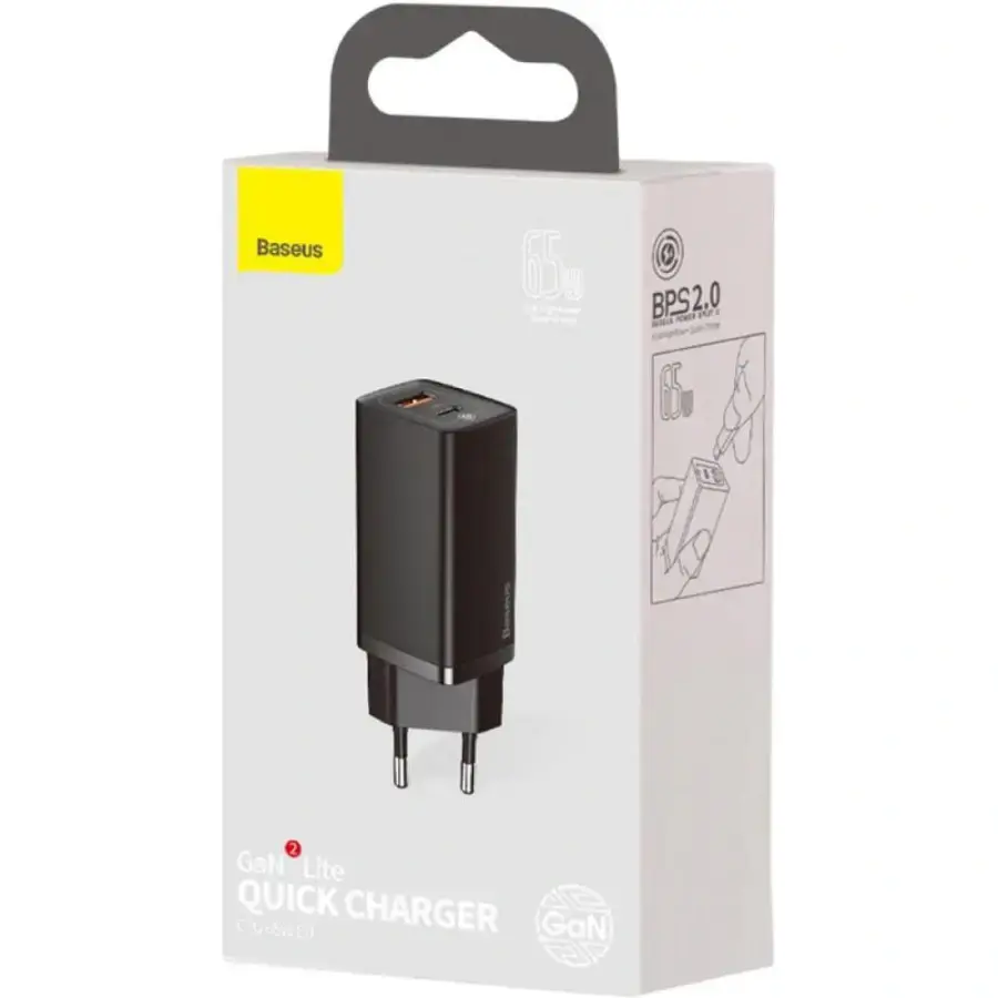 Мережевий зарядний пристрій Baseus GaN2 Lite Quick Charger C+U 65W EU - Black (CCGAN2L-B01)