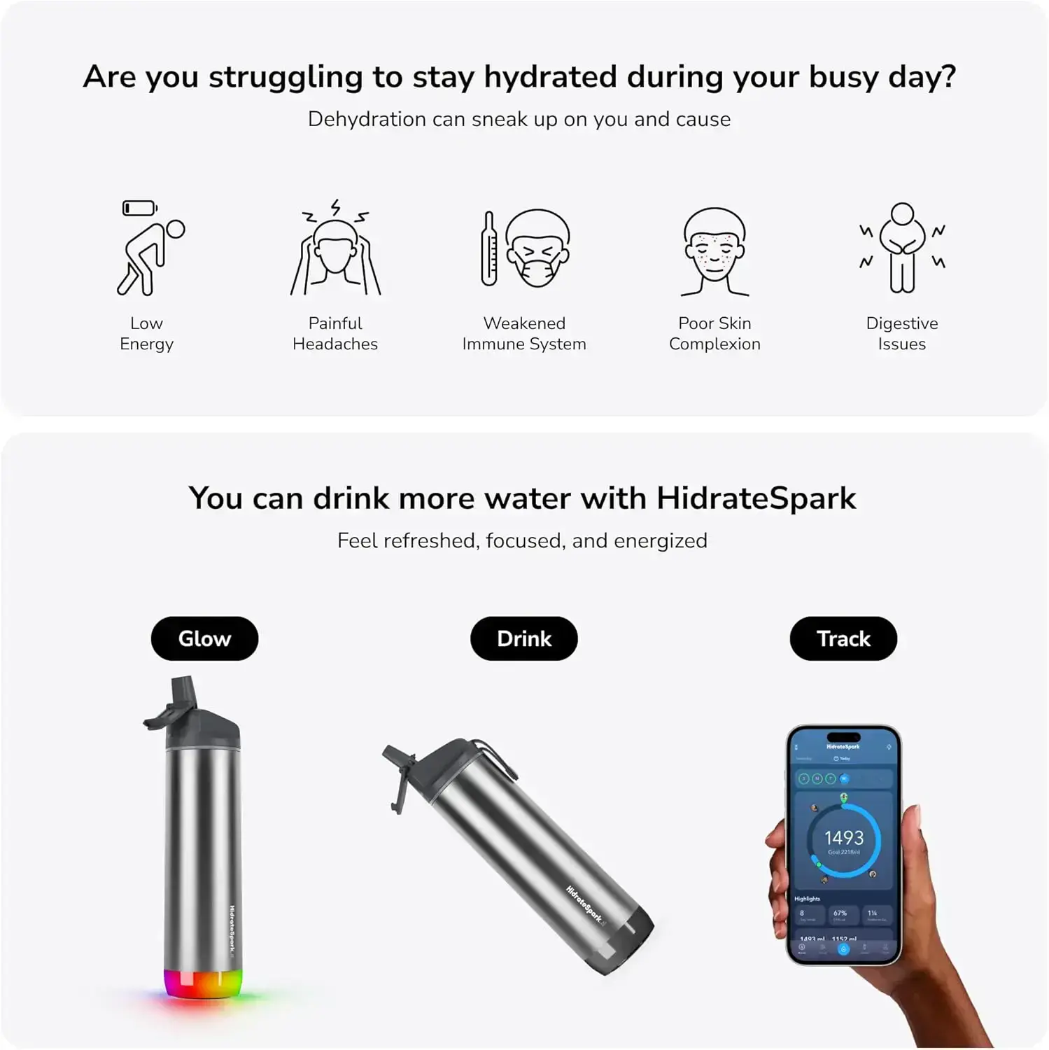 Розумна пляшка для води HidrateSpark PRO 21 oz/621 ml - Straw Lid - Brushed Steel (HI-007-016)