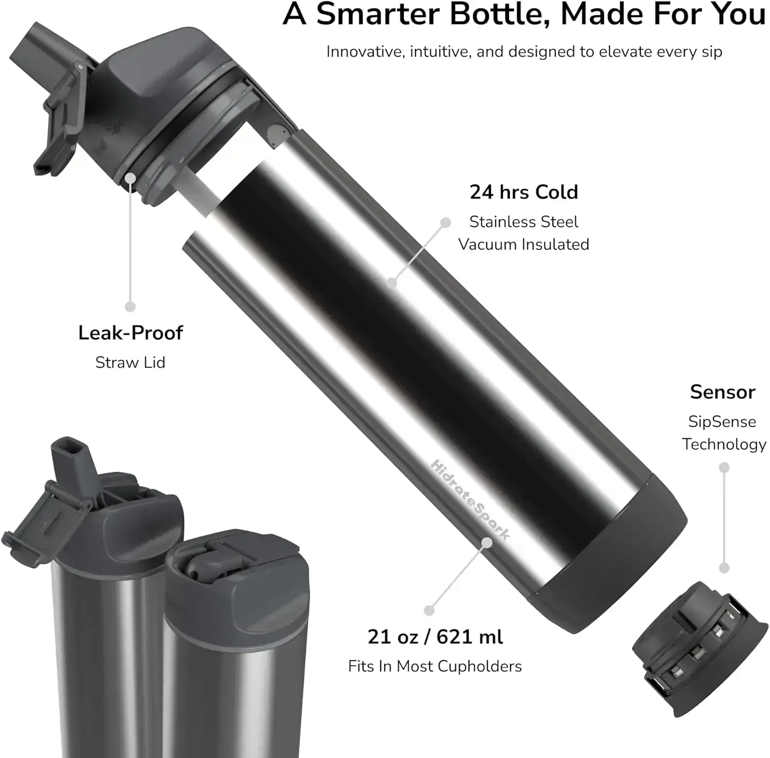 Розумна пляшка для води HidrateSpark PRO 21 oz/621 ml - Straw Lid - Brushed Steel (HI-007-016)