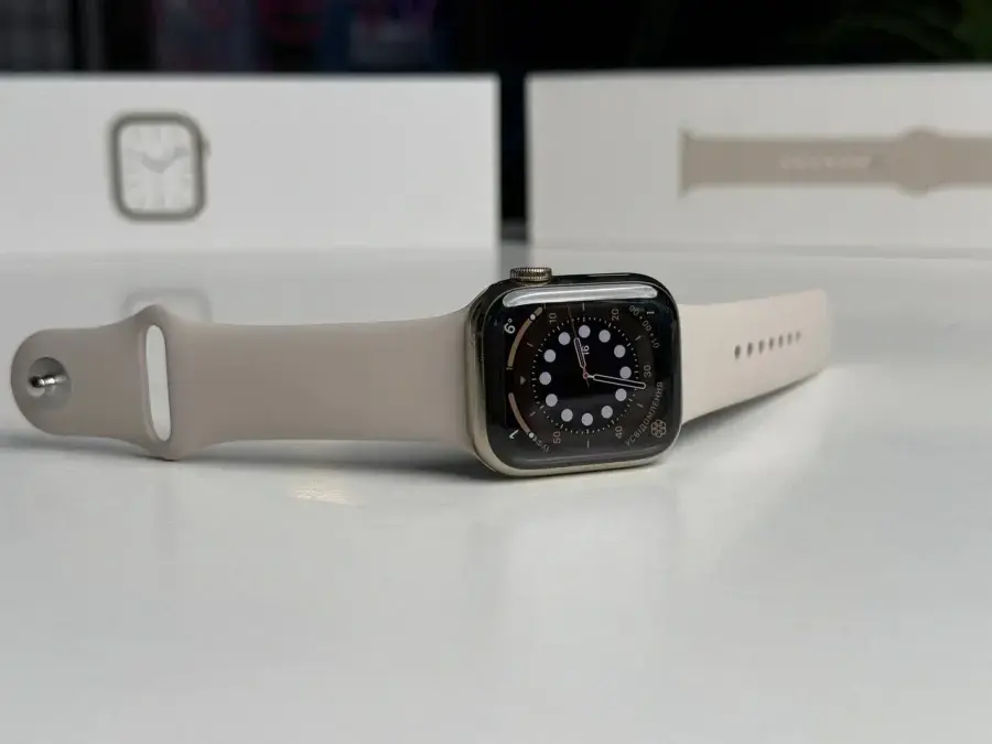 ВЖИВАНИЙ Apple Watch Series 7 GPS + Cellular 41mm Gold Stainless Steel Case with Dark Cherry Sport Band (MKHG3, MKHY3) - Стан: гарний | Комплектація: повний | Гарантія: 1 міс.