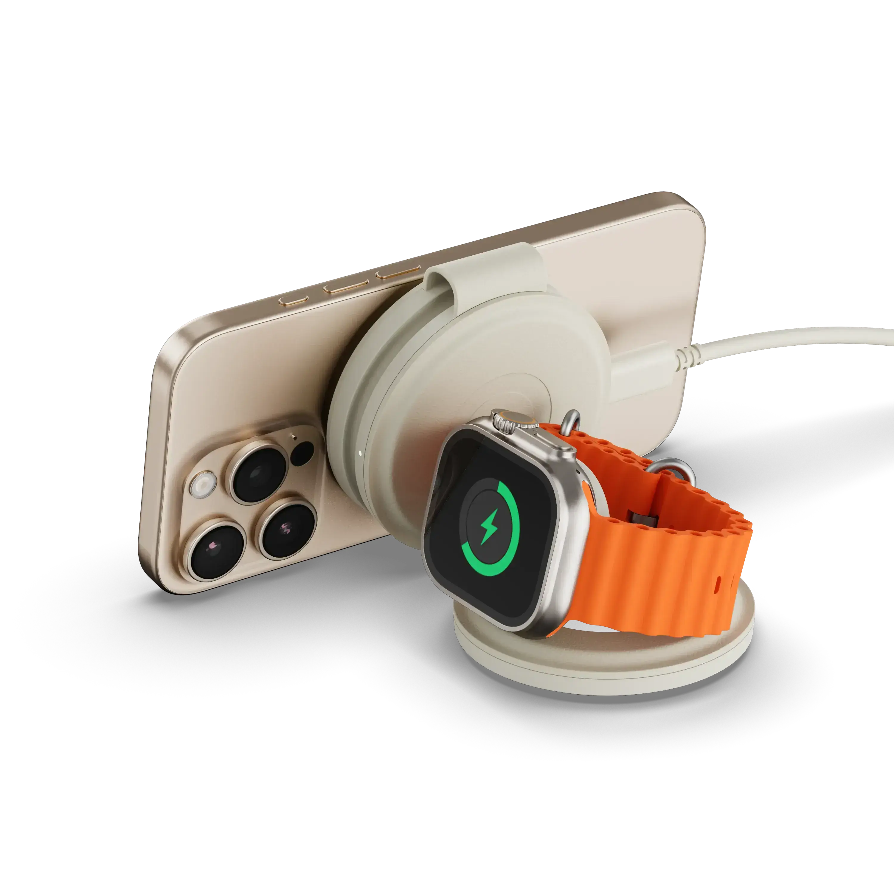 Складное беспроводное зарядное устройство Satechi OntheGo 3-in-1 Qi2 Charger - Sand (ST-QTG31W)