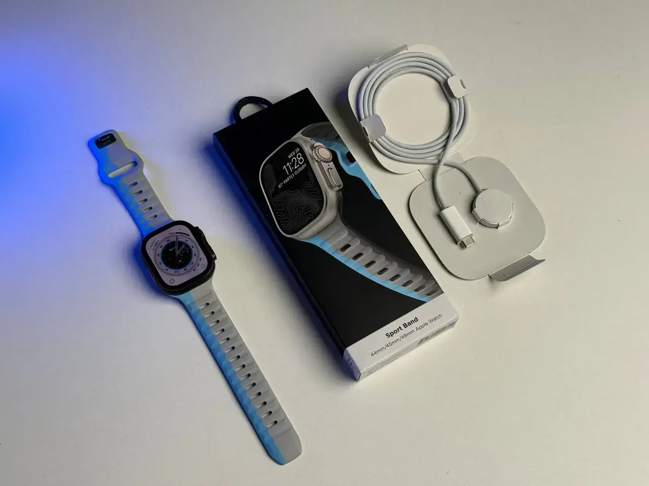 ВИТРИННЫЕ Apple Watch Ultra 2 2024 GPS + Cellular 49mm Black Titanium Case with Sport Band - Lunar Gray/Electric Blue (MX4P3) - Состояние: идеальное | Аккумулятор: 100% | Комплектация: полный | Гарантия: 3 мес.
