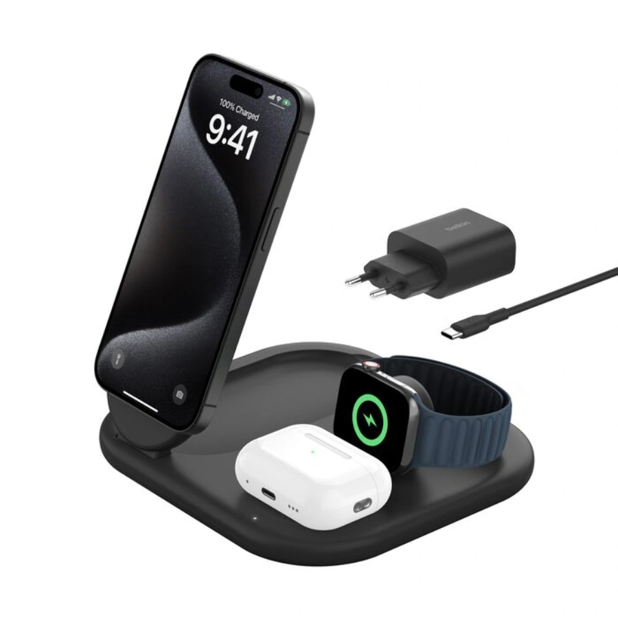 Складна бездротова зарядна станція Belkin BoostCharge 3-in-1 Magnetic Foldable Wireless Charger with Qi2 15W - Black (WIZ029vfBK)