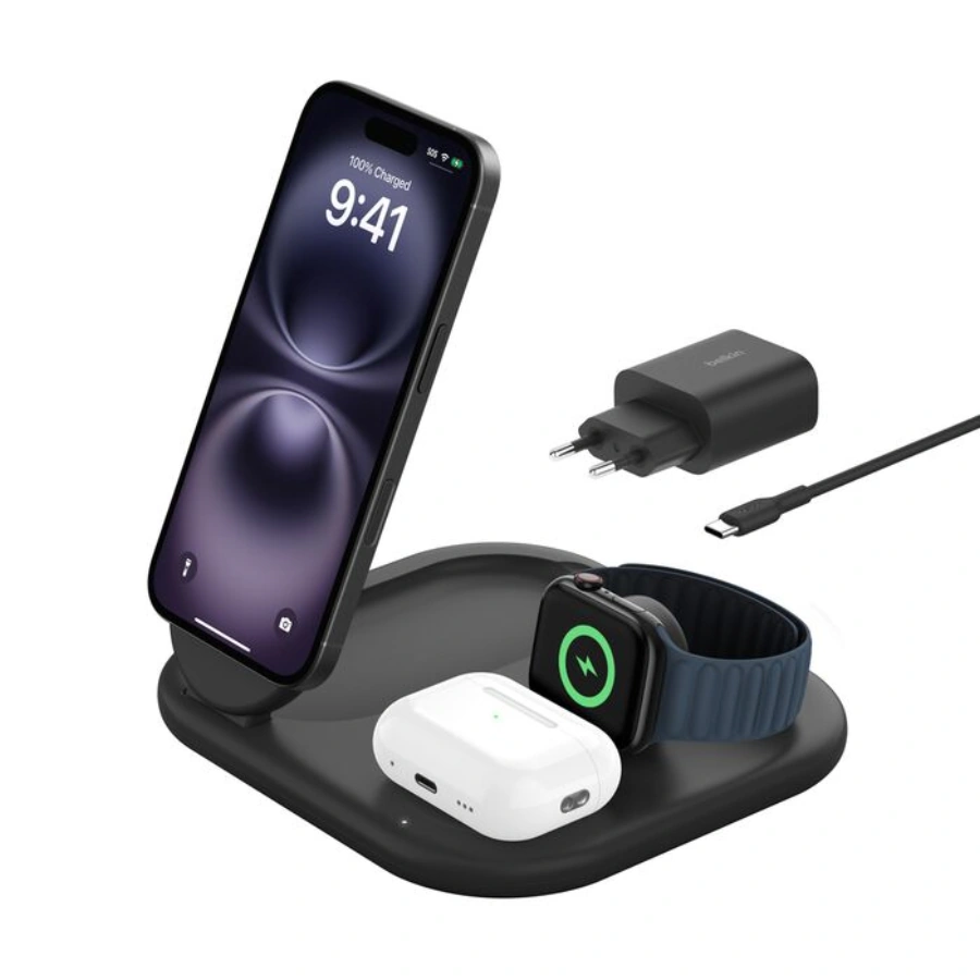 Складна бездротова зарядна станція Belkin BoostCharge 3-in-1 Magnetic Foldable Wireless Charger with Qi2 15W - Black (WIZ029vfBK)