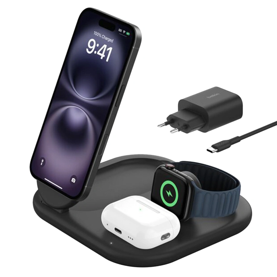 Складна бездротова зарядна станція Belkin BoostCharge 3-in-1 Magnetic Foldable Wireless Charger with Qi2 15W - Black (WIZ029vfBK)