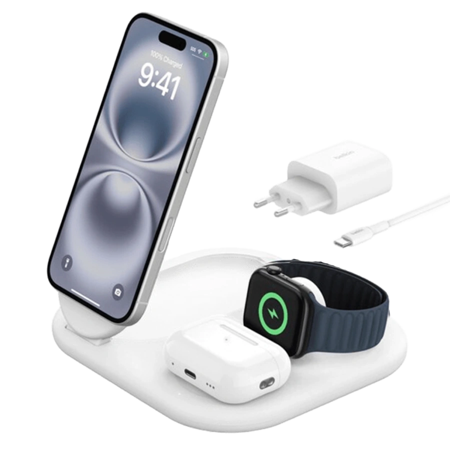 Складна бездротова зарядна станція Belkin BoostCharge 3-in-1 Magnetic Foldable Wireless Charger with Qi2 15W - White (WIZ029vfWH)
