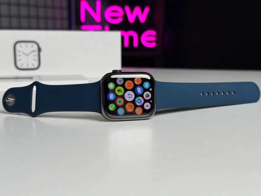 ВЖИВАНІ Apple Watch Series 7 GPS + Cellular 45mm Graphite Stainless Steel Case with Abyss Blue Sport Band (MKJH3, MKL23) | Стан: ідеальний (сталевий корпус, сапфірове скло) | Акумулятор: 83% | Гарантія: 1 місяць | Комплект: повний