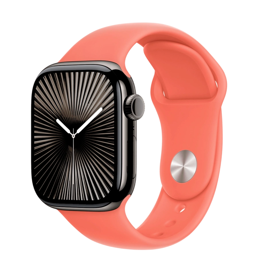 Apple Watch Series 10 GPS + Cellular 42mm Slate Titanium Case with Tangerine Sport Band - S/M (MX0M3+MDRY4)