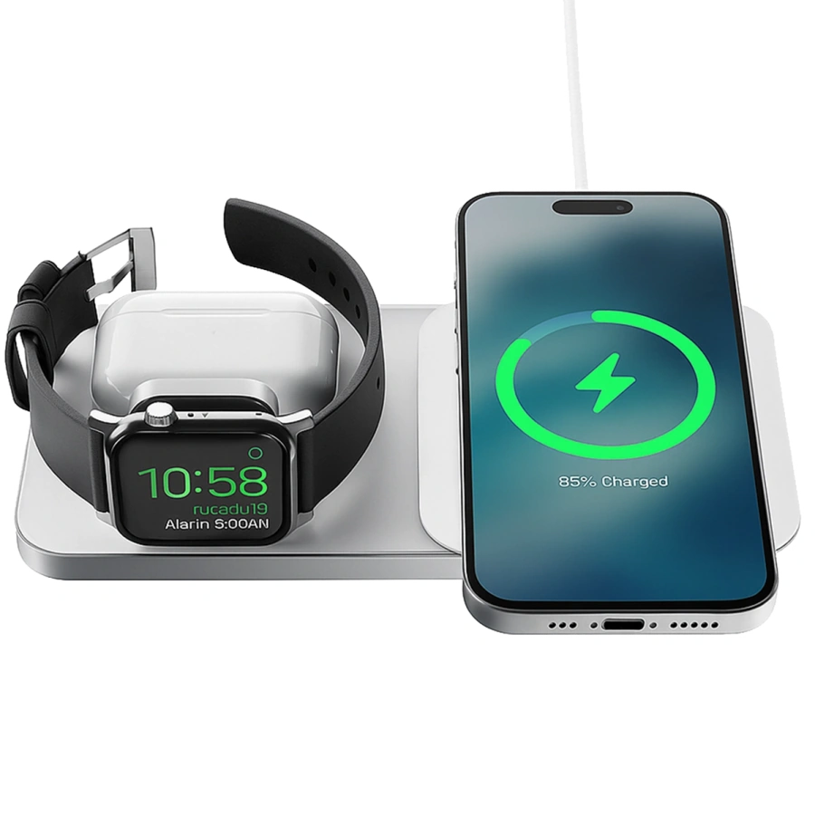 Бездротовий зарядний пристрій Nomad Base One Max Qi2 3-in-1 Charging Hub [3rd Gen] - Silver (NM01563385)