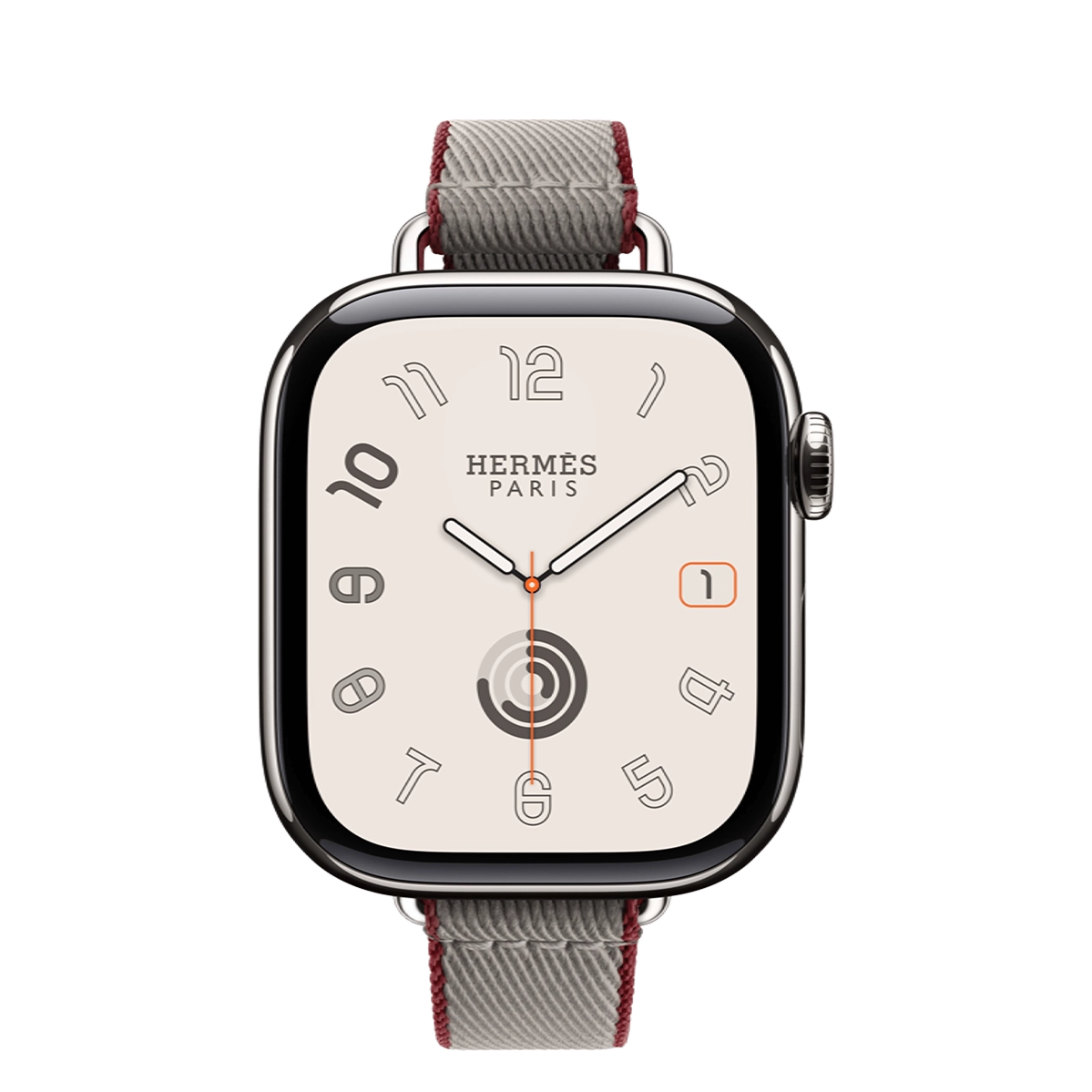 Apple Watch Hermès Series 11 GPS + Cellular 42mm Silver Titanium Case with Gris Meyer/Rouge Grenat Twill Jump Attelage Single Tour (MF9P4+MGGW4)
