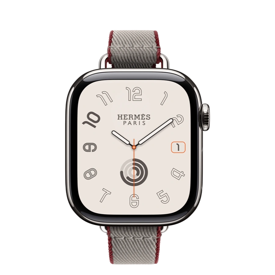 Apple Watch Hermès Series 11 GPS + Cellular 42mm Silver Titanium Case with Gris Meyer/Rouge Grenat Twill Jump Attelage Single Tour (MF9P4+MGGW4)