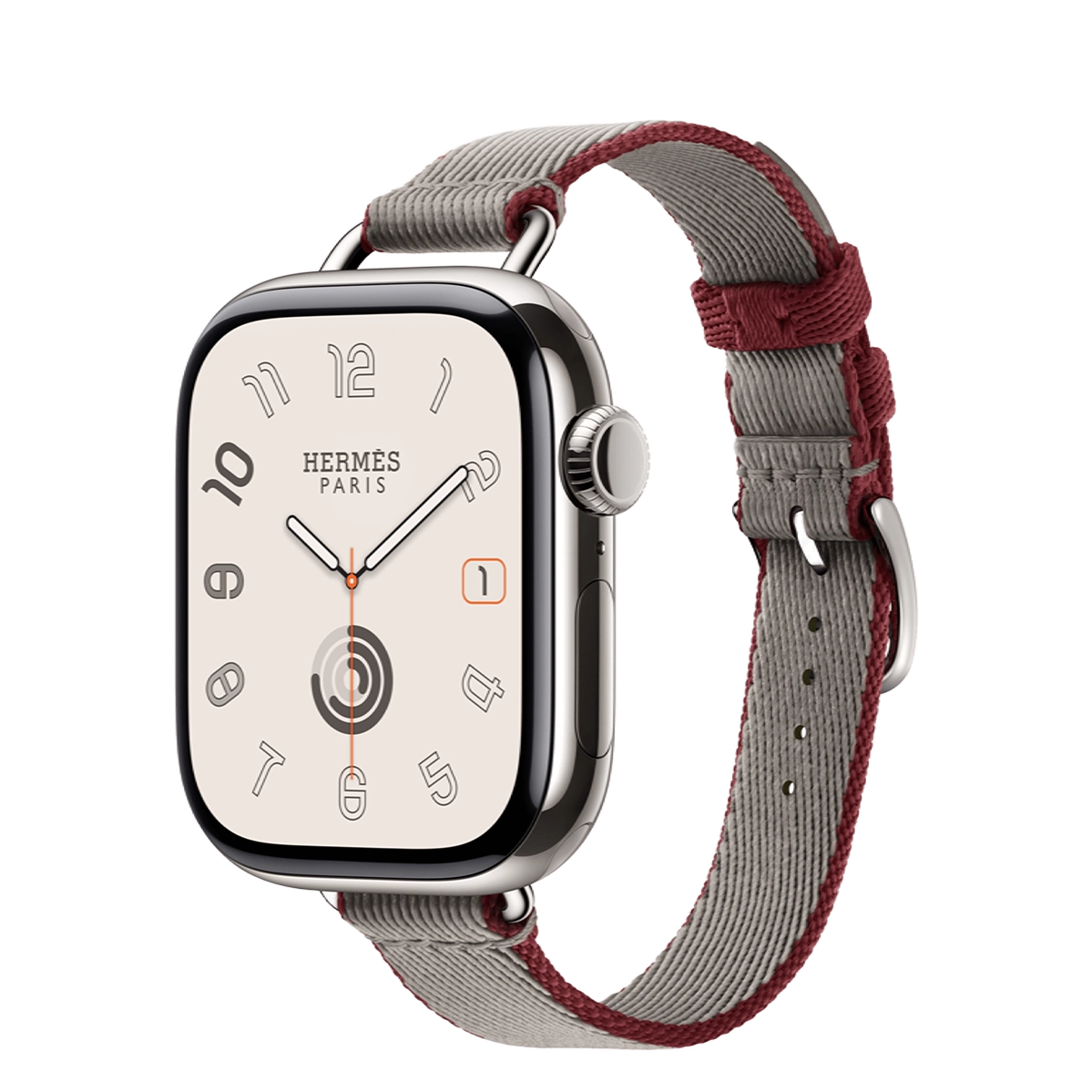 Apple Watch Hermès Series 11 GPS + Cellular 42mm Silver Titanium Case with Gris Meyer/Rouge Grenat Twill Jump Attelage Single Tour (MF9P4+MGGW4)
