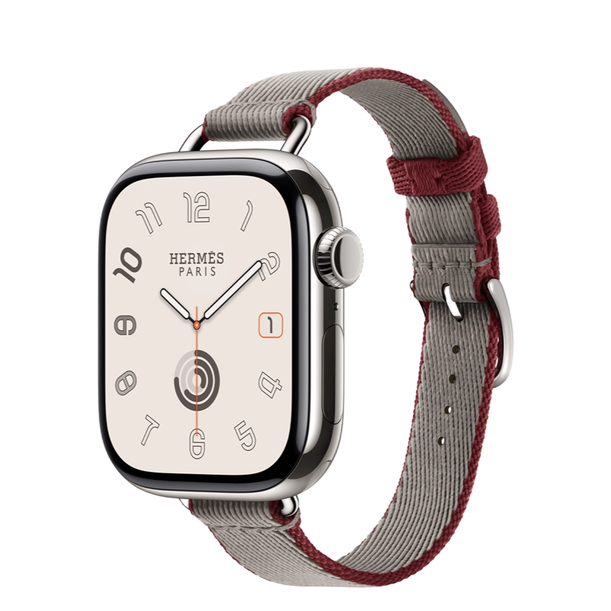 Apple Watch Hermès Series 11 GPS + Cellular 42mm Silver Titanium Case with Gris Meyer/Rouge Grenat Twill Jump Attelage Single Tour (MF9P4+MGGW4)