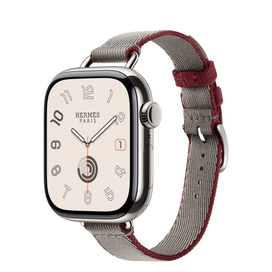 Apple Watch Hermès Series 11 GPS + Cellular 42mm Silver Titanium Case with Gris Meyer/Rouge Grenat Twill Jump Attelage Single Tour (MF9P4+MGGW4)