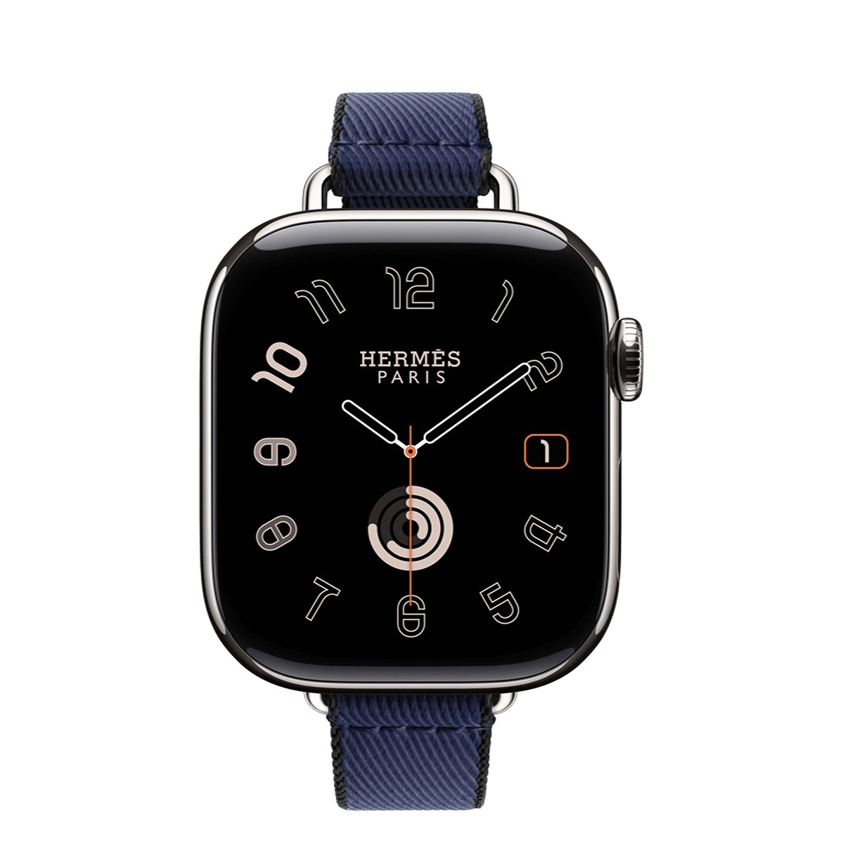 Apple Watch Hermès Series 11 GPS + Cellular 42mm Silver Titanium Case with Navy/Noir Twill Jump Attelage Single Tour (MF9P4+MGGV4)