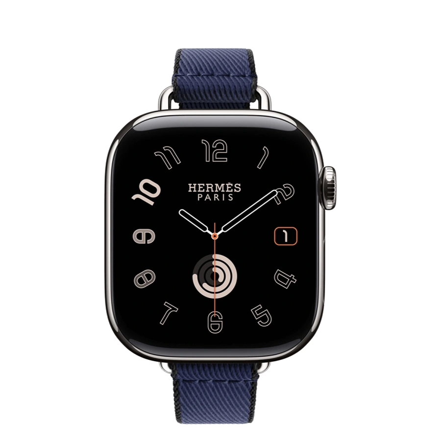 Apple Watch Hermès Series 11 GPS + Cellular 42mm Silver Titanium Case with Navy/Noir Twill Jump Attelage Single Tour (MF9P4+MGGV4)