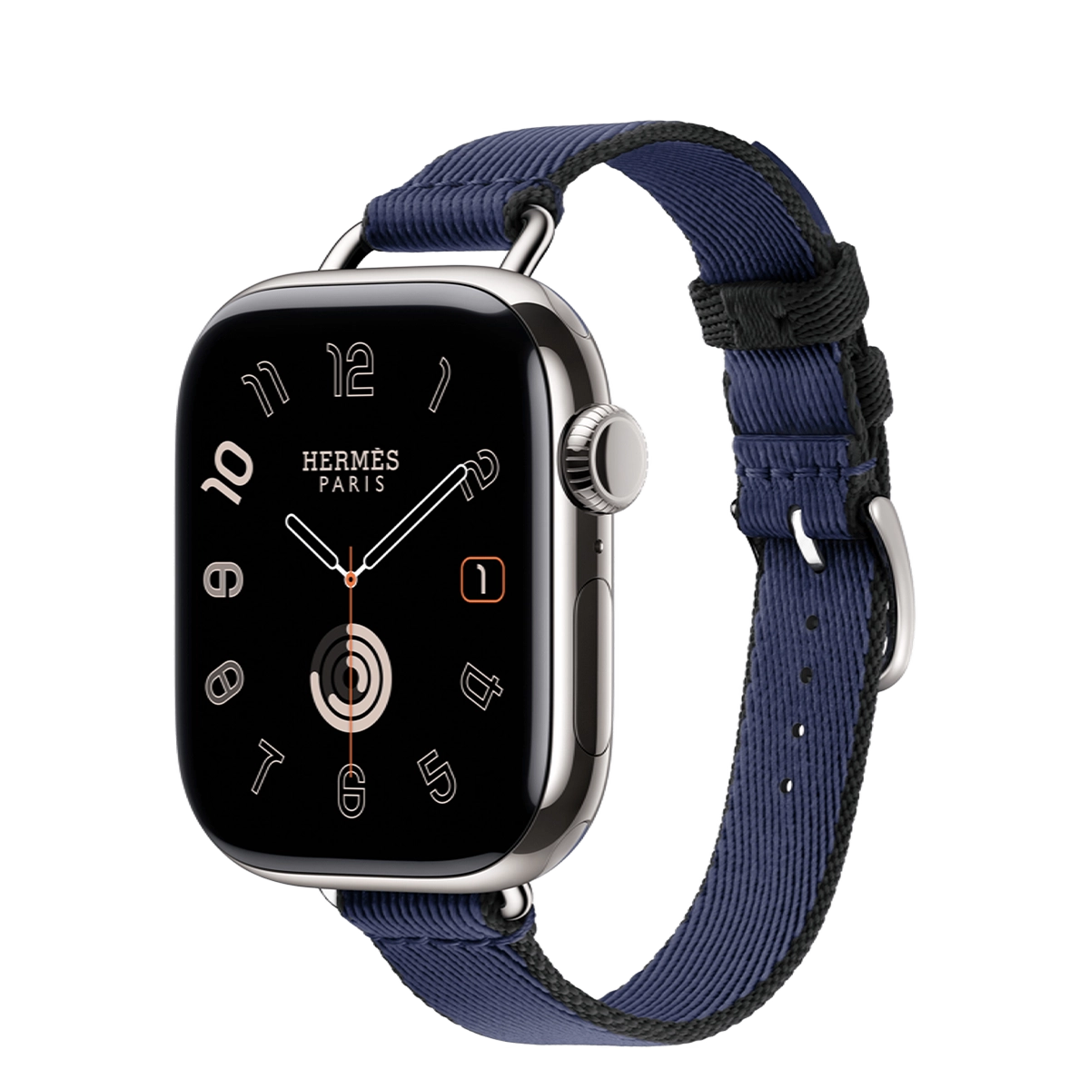 Apple Watch Hermès Series 11 GPS + Cellular 42mm Silver Titanium Case with Navy/Noir Twill Jump Attelage Single Tour (MF9P4+MGGV4)