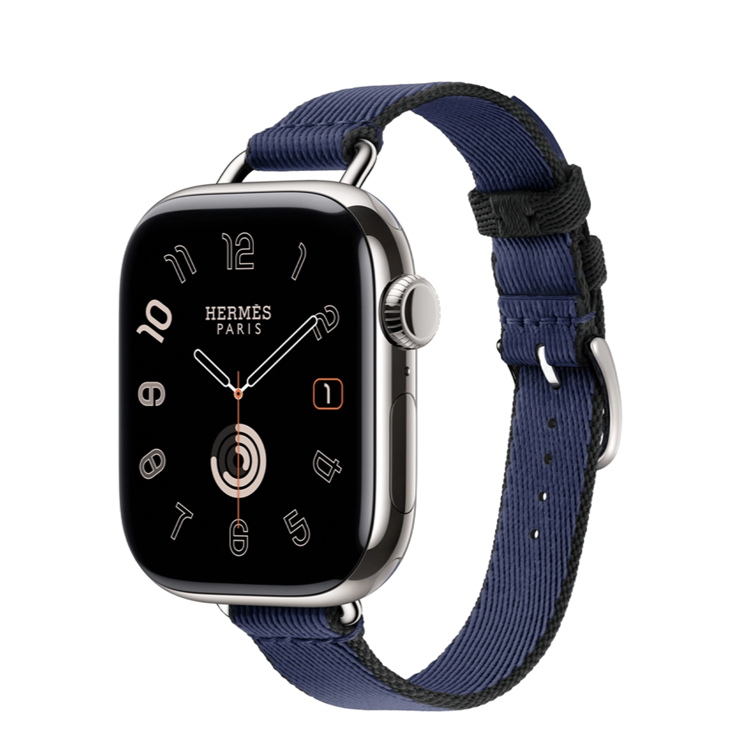 Apple Watch Hermès Series 11 GPS + Cellular 42mm Silver Titanium Case with Navy/Noir Twill Jump Attelage Single Tour (MF9P4+MGGV4)