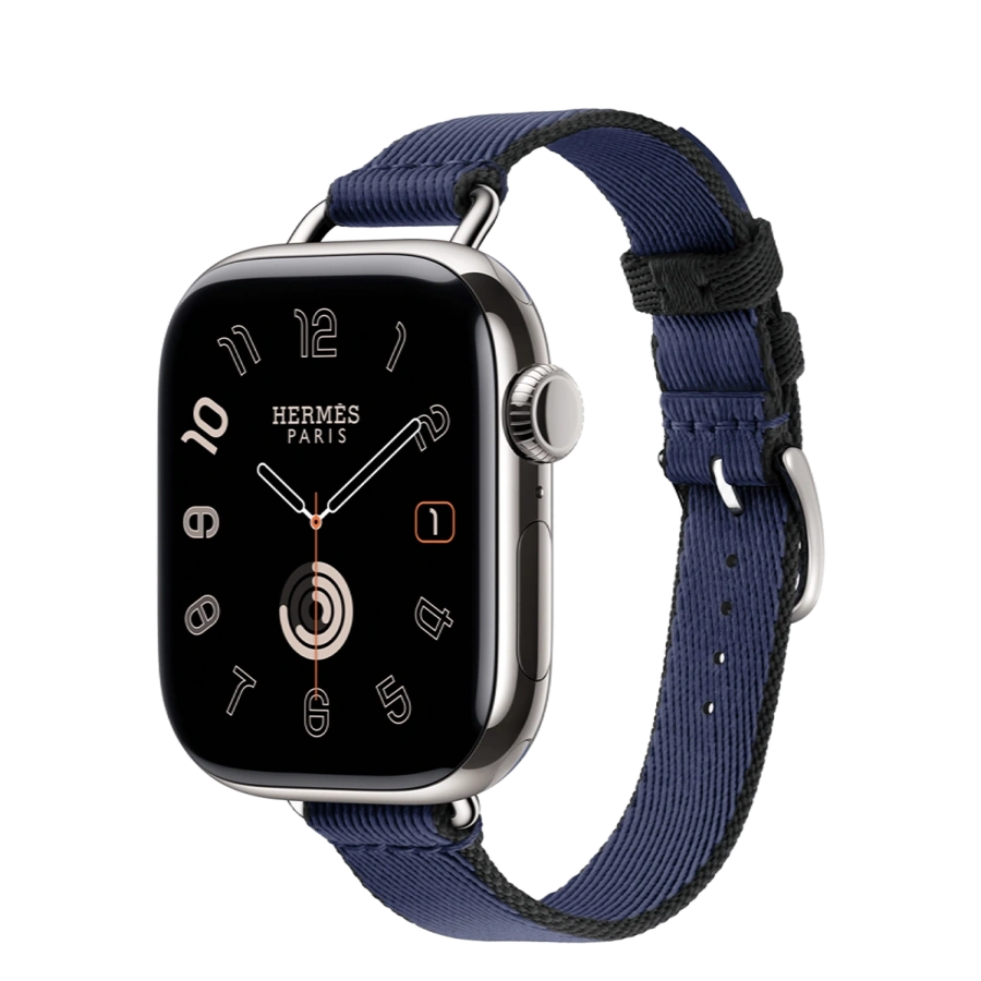Apple Watch Hermès Series 11 GPS + Cellular 42mm Silver Titanium Case with Navy/Noir Twill Jump Attelage Single Tour (MF9P4+MGGV4)