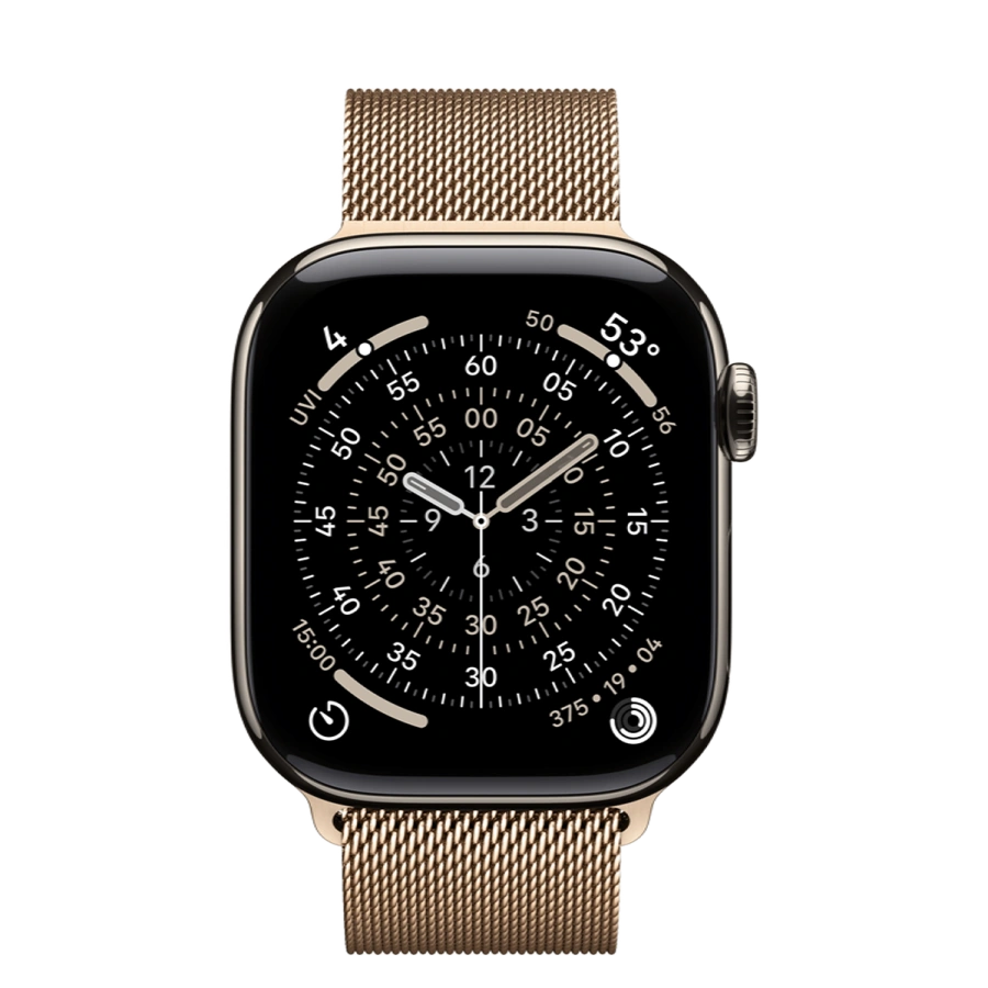 Apple Watch Series 11 GPS + Cellular 42mm Natural Titanium Case with Gold Milanese Loop (MF9H4+MGJ04)